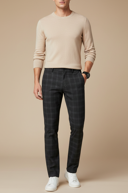 Pantalon Gris À Carreaux Slim Fit Stretch Homme - Laine