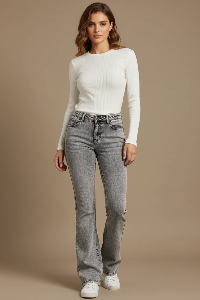 Pantalon Gris Jean Évasé Taille Haute Délavé Femme
