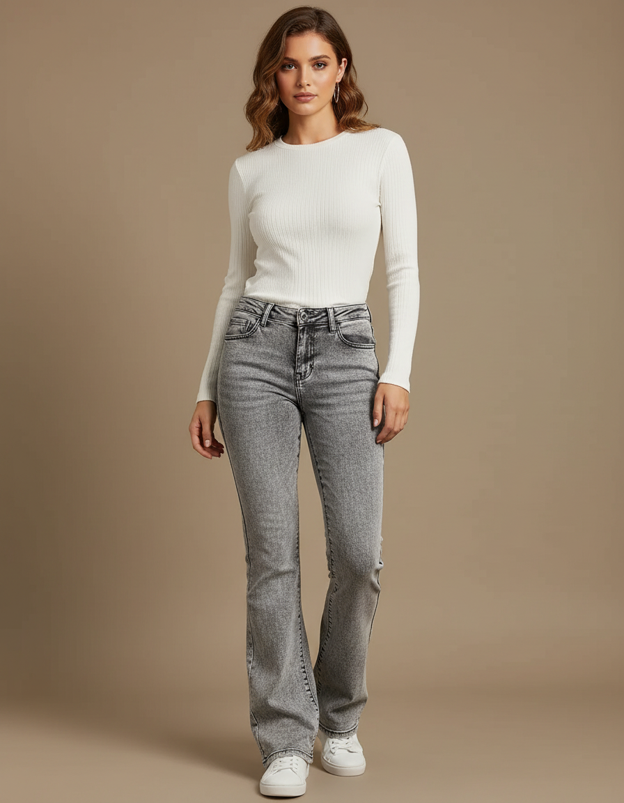Pantalon Gris Jean Évasé Taille Haute Délavé Femme
