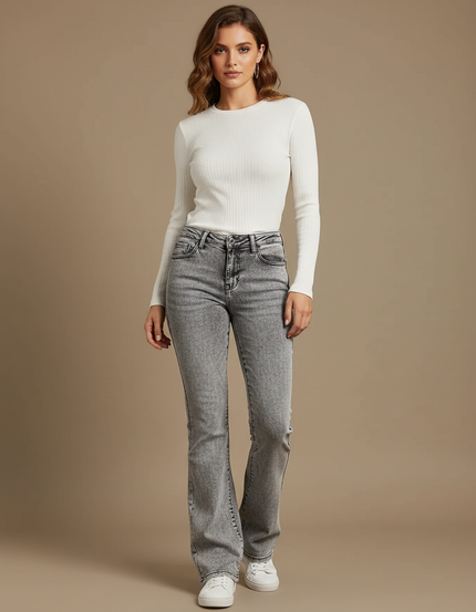 Pantalon Gris Jean Évasé Taille Haute Délavé Femme