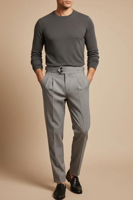 Pantalon Gris Plissé Taille Haute Habillé Élégant - Gabardine