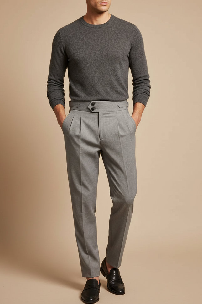Pantalon Gris Plissé Taille Haute Habillé Élégant - Gabardine