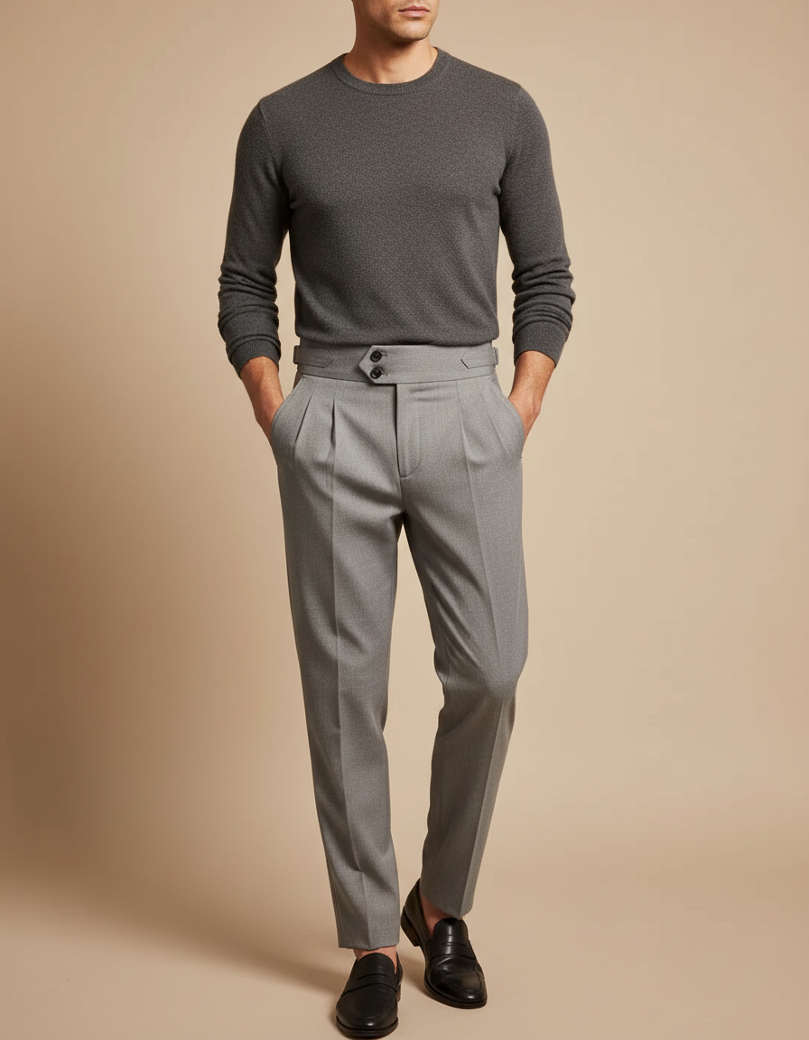 Pantalon Gris Plissé Taille Haute Habillé Élégant - Gabardine