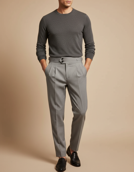 Pantalon Gris Plissé Taille Haute Habillé Élégant - Gabardine