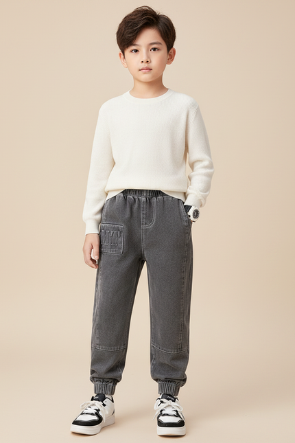 Pantalon Gris Enfant Molleton Doublé Élastique Hiver - Jean