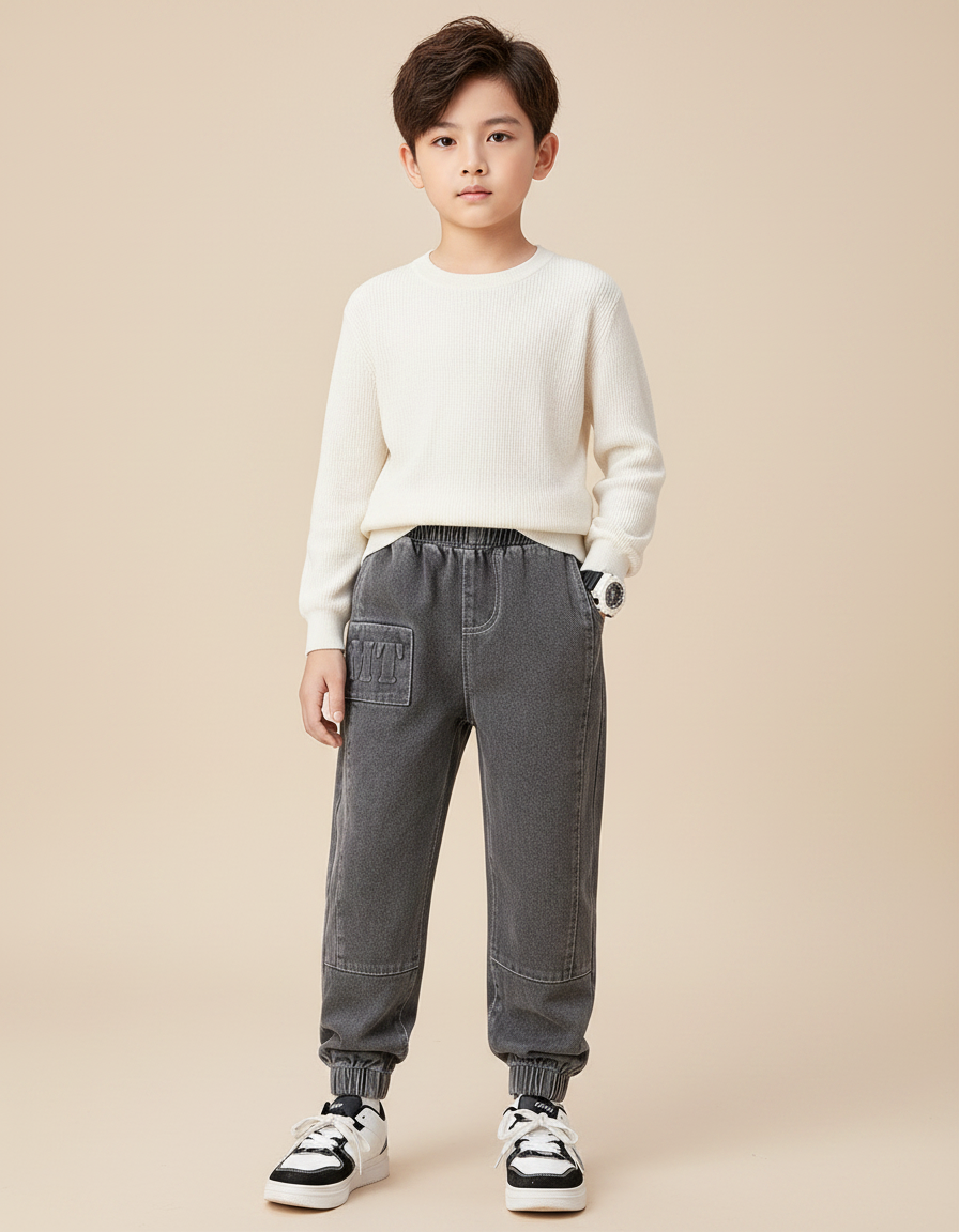 Pantalon Gris Enfant Molleton Doublé Élastique Hiver - Jean