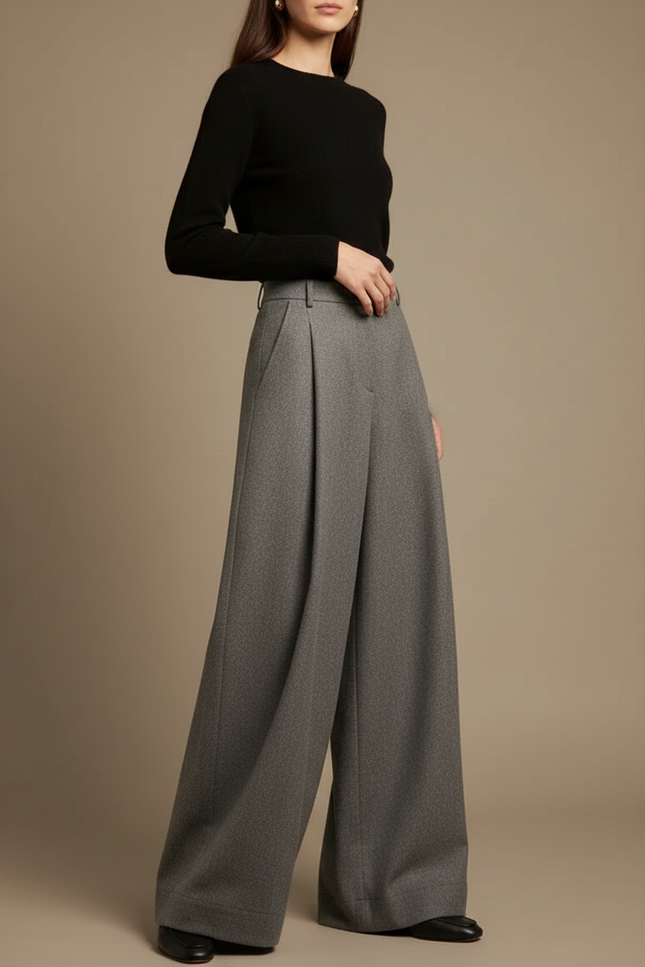 Pantalon Gris Large Taille Haute Plissé Fluide - Laine