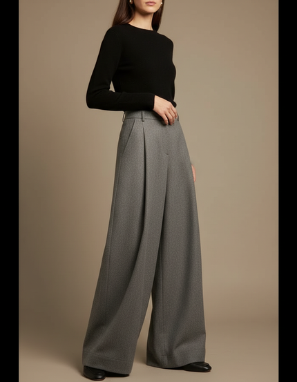 Pantalon Gris Large Taille Haute Plissé Fluide - Laine