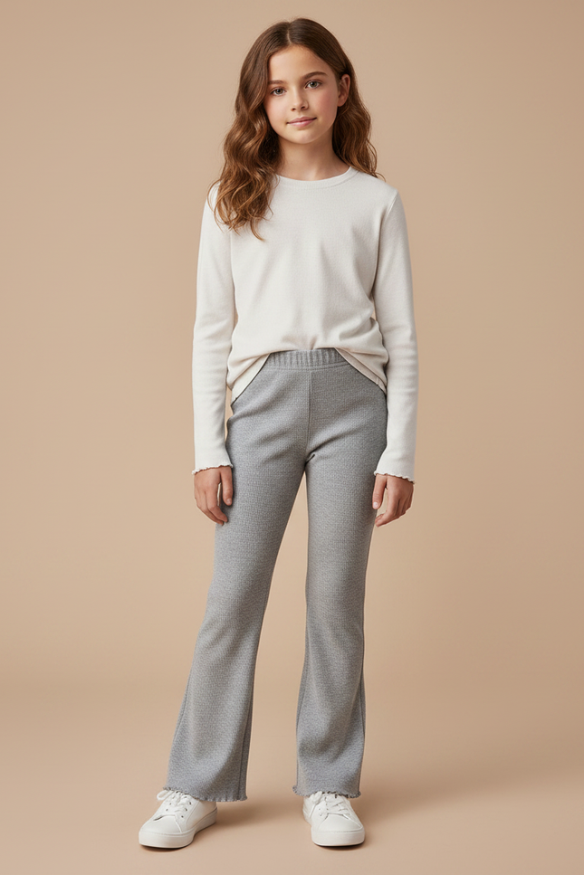 Pantalon Gris Évasé Côtelé Confortable Stretch Fille - Maille