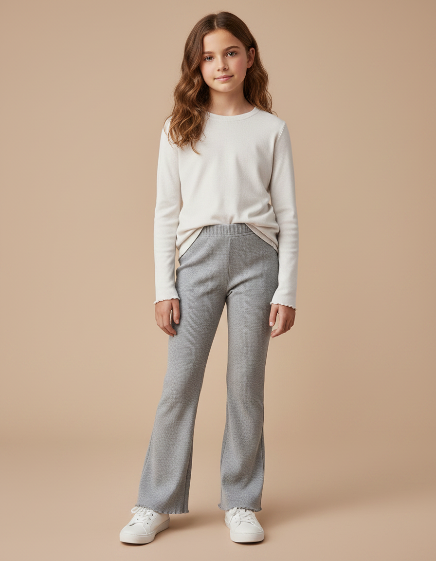 Pantalon Gris Évasé Côtelé Confortable Stretch Fille - Maille