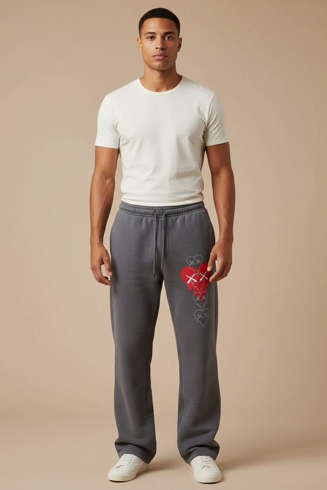 Pantalon Gris Molletonné Ample Décontracté Cordon Imprimé