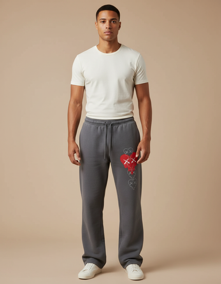 Pantalon Gris Molletonné Ample Décontracté Cordon Imprimé