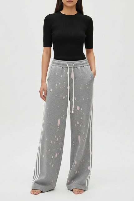 Pantalon Gris Large, Décontracté, Imprimé, Rayures Latérales - Molleton