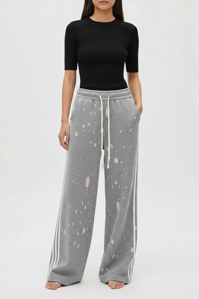 Pantalon Gris Large, Décontracté, Imprimé, Rayures Latérales - Molleton