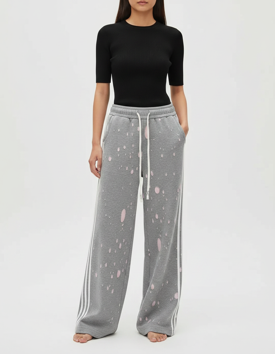 Pantalon Gris Large, Décontracté, Imprimé, Rayures Latérales - Molleton