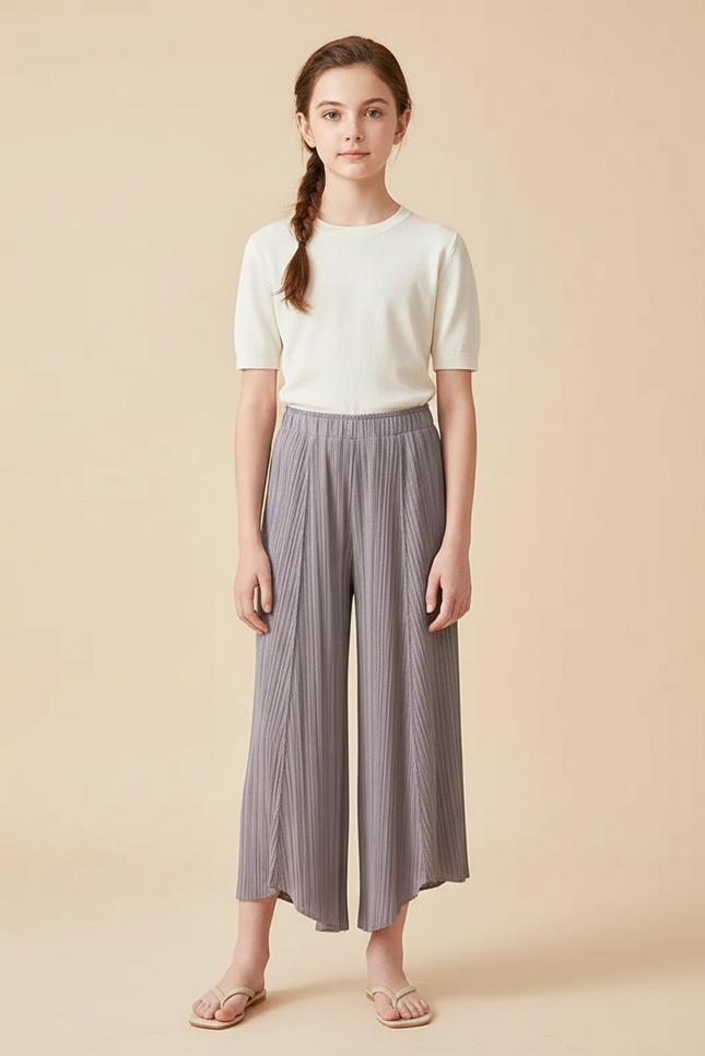 Pantalon Gris Plissé Large Élastique Décontracté Fille - Maille