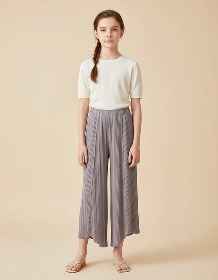 Pantalon Gris Plissé Large Élastique Décontracté Fille - Maille
