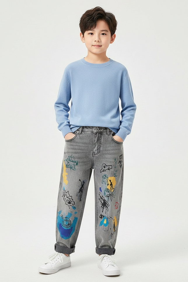 Pantalon Gris Denim Imprimé Décontracté Garçon - Jean