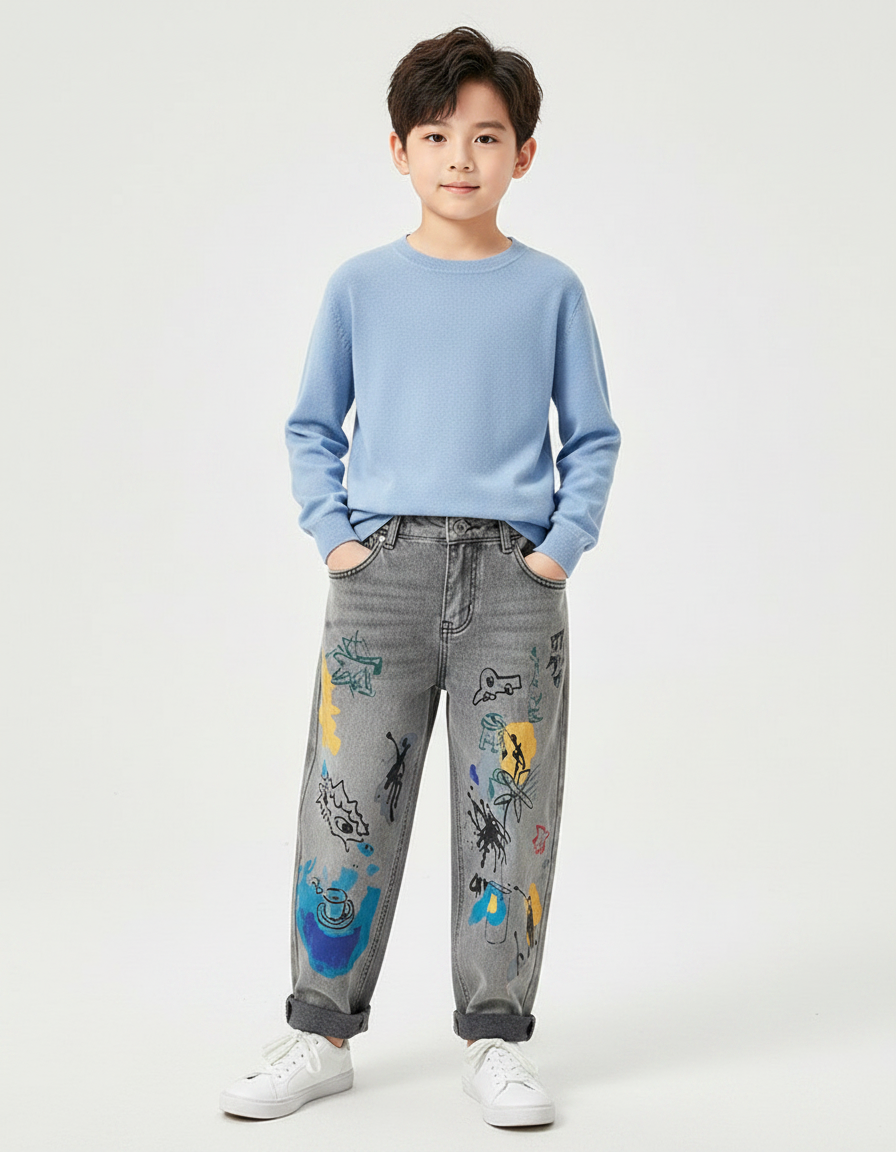 Pantalon Gris Denim Imprimé Décontracté Garçon - Jean