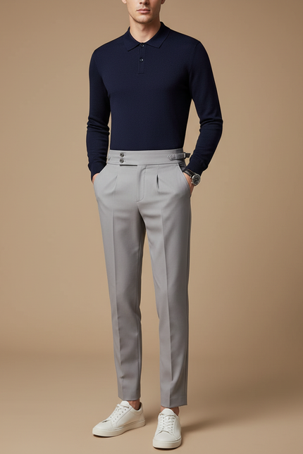 Pantalon Gris Habillé Taille Haute Plissé Élégant - Gabardine