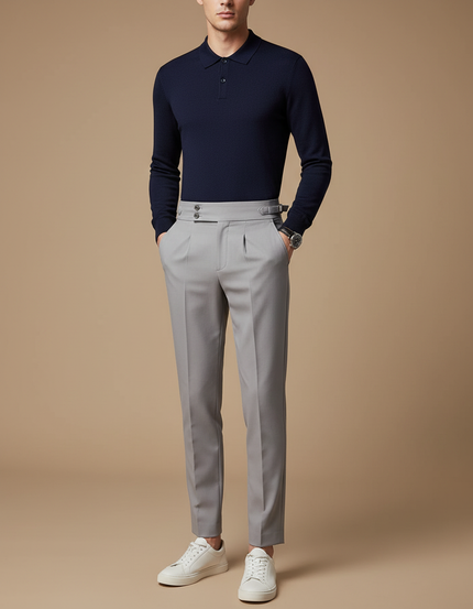 Pantalon Gris Habillé Taille Haute Plissé Élégant - Gabardine