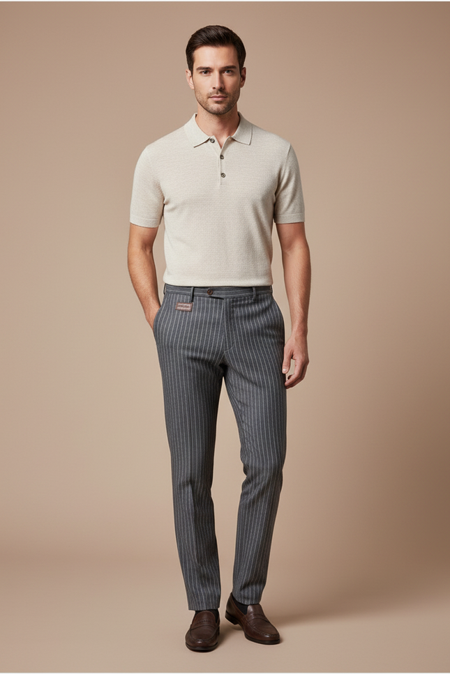 Pantalon Gris Rayé Slim Habillé Élégant Homme - Laine
