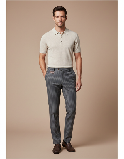 Pantalon Gris Rayé Slim Habillé Élégant Homme - Laine