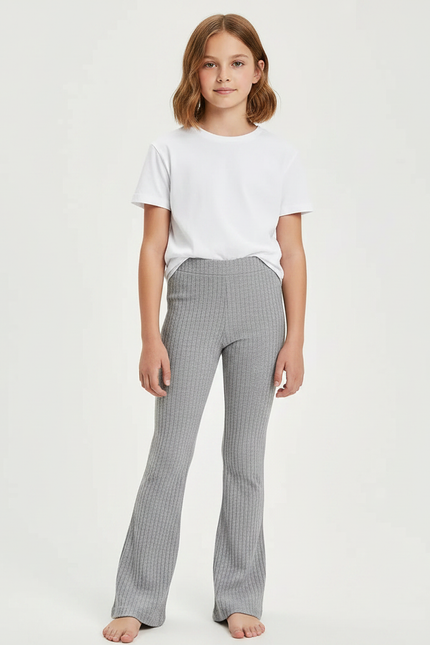 Pantalon Gris Côtelé Évasé Taille Élastique Confortable - Maille