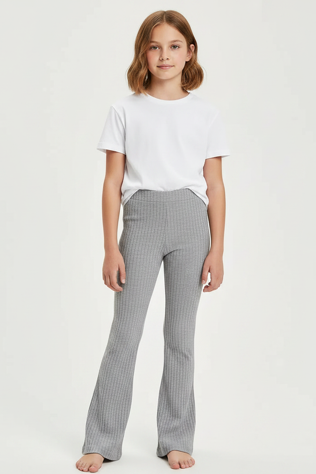 Pantalon Gris Côtelé Évasé Taille Élastique Confortable - Maille