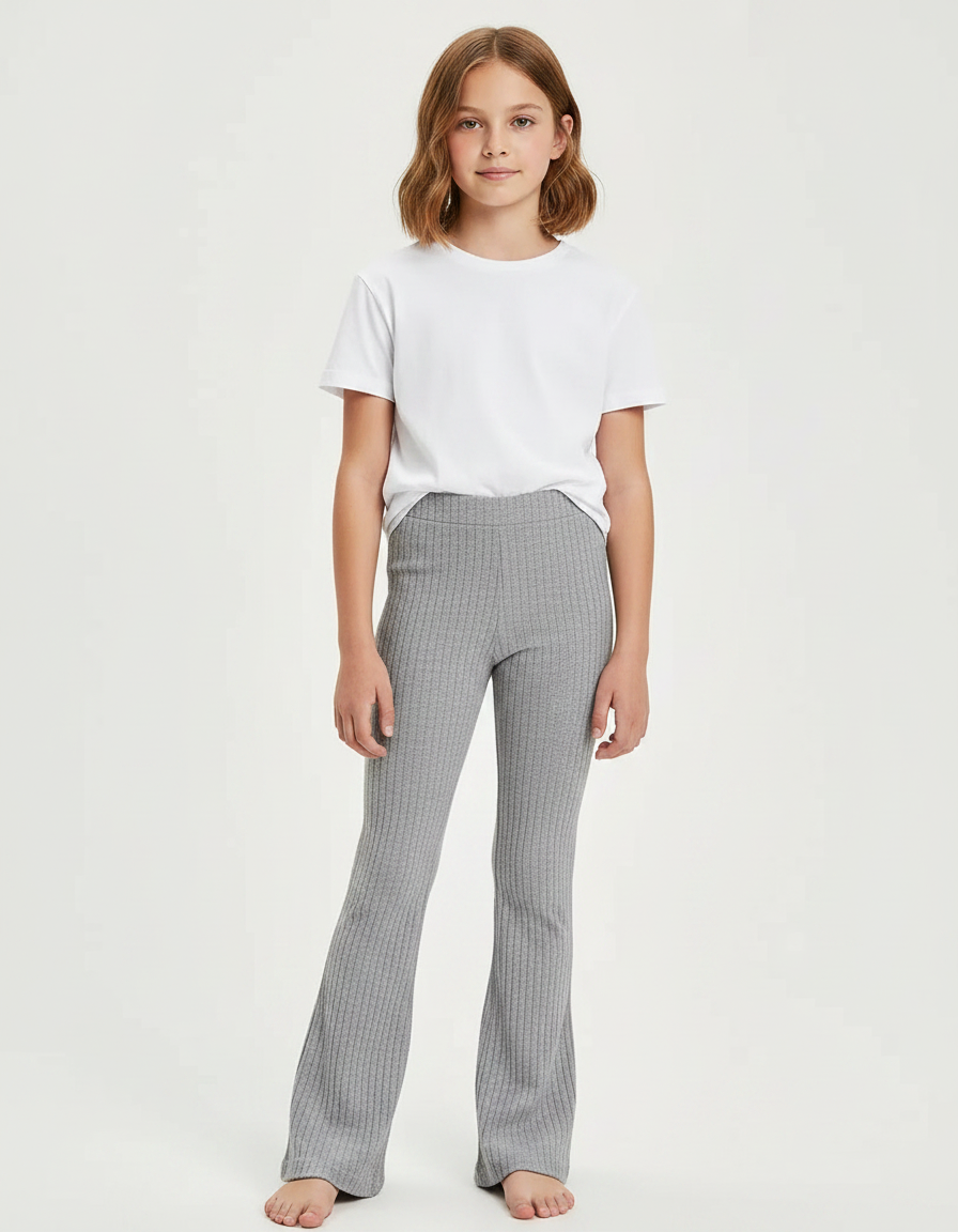 Pantalon Gris Côtelé Évasé Taille Élastique Confortable - Maille