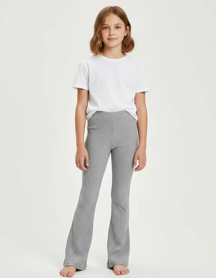 Pantalon Gris Côtelé Évasé Taille Élastique Confortable - Maille