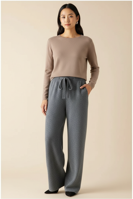 Pantalon Gris Ample Tricoté Doux Confortable Femme - Maille