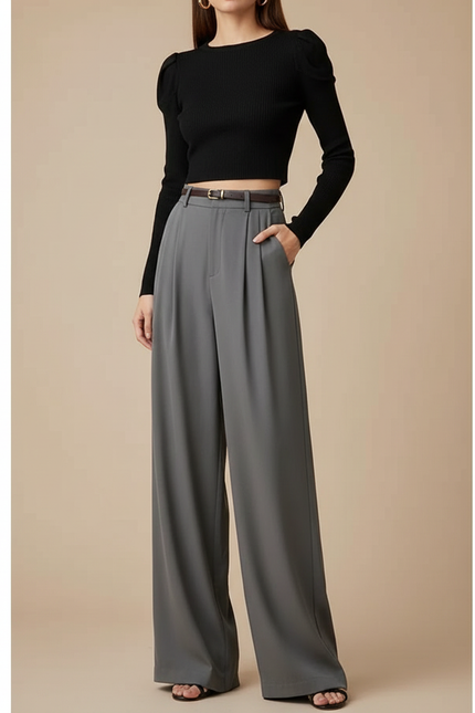 Pantalon Tailleur Large Gris - Polyester