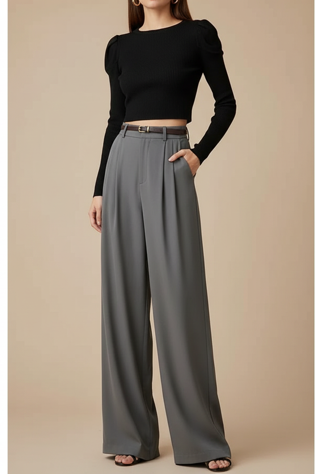 Pantalon Tailleur Large Gris - Polyester