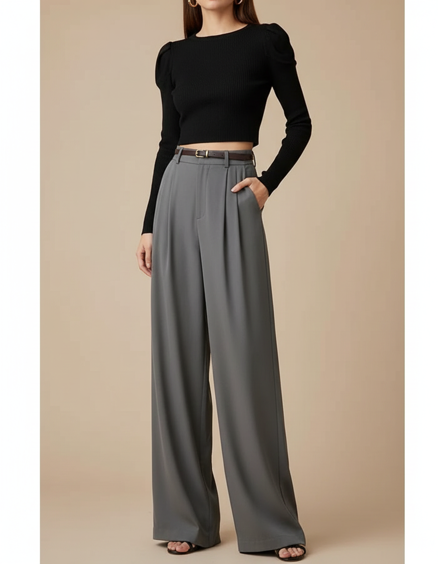 Pantalon Tailleur Large Gris - Polyester