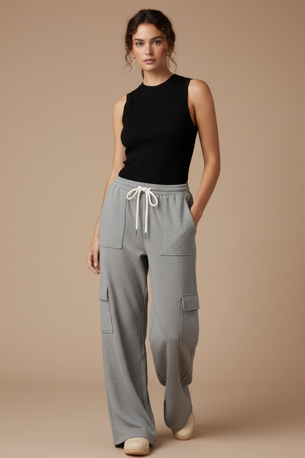 Pantalon Gris Cargo Ample Molletonné Décontracté