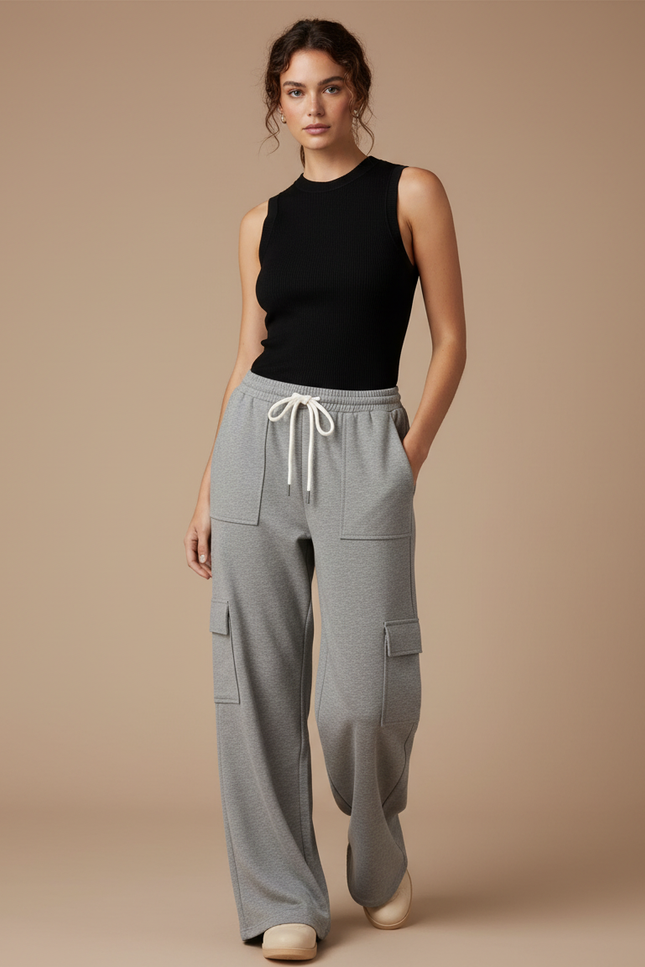 Pantalon Gris Cargo Ample Molletonné Décontracté
