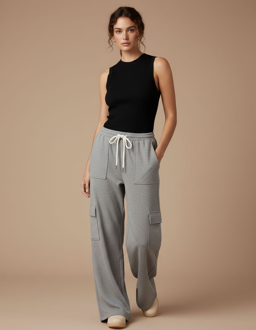 Pantalon Gris Cargo Ample Molletonné Décontracté