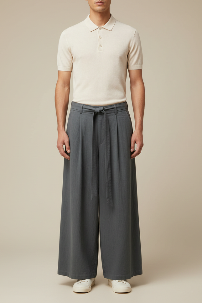 Pantalon Gris Ample Décontracté Cordon Fluide Homme - Viscose