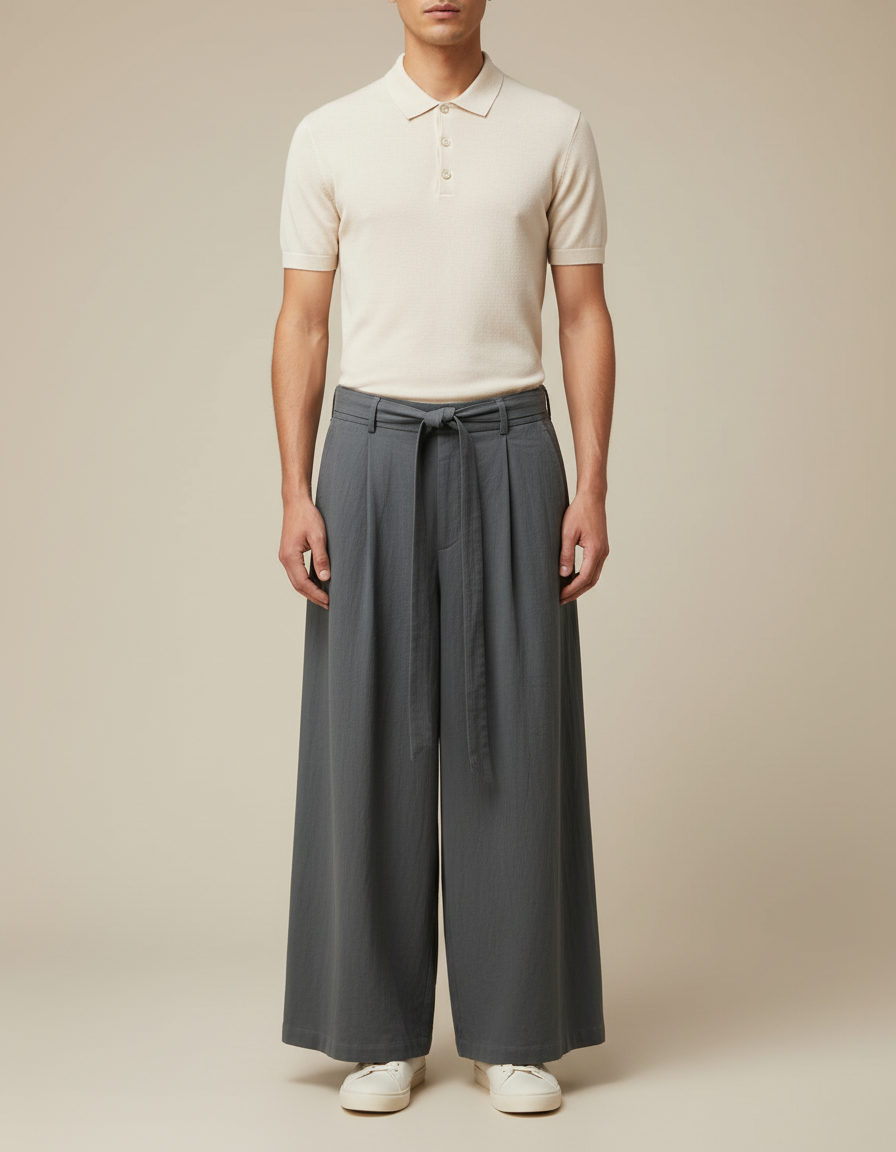 Pantalon Gris Ample Décontracté Cordon Fluide Homme - Viscose
