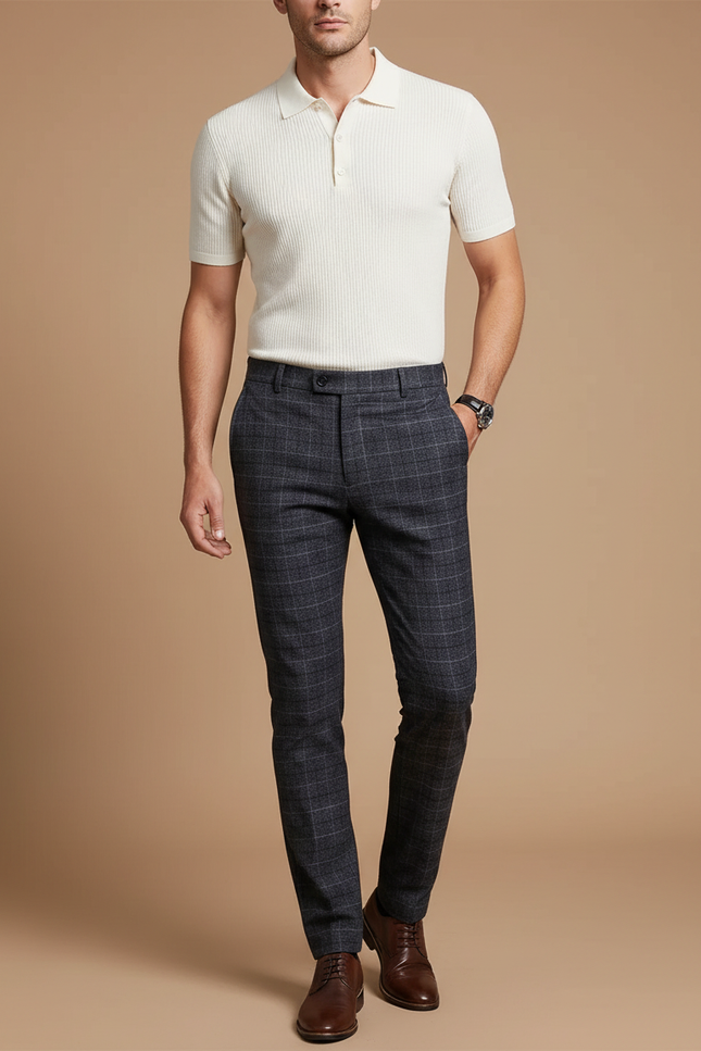Pantalon Gris Carreaux Droit Élégant Habillé Homme - Laine