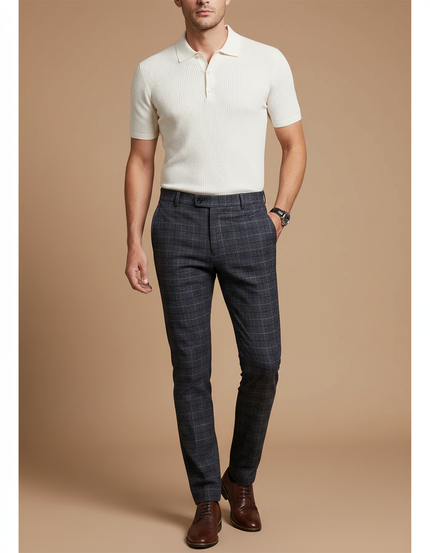 Pantalon Gris Carreaux Droit Élégant Habillé Homme - Laine