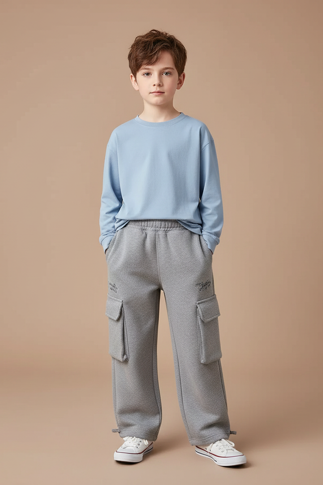 Pantalon Gris Cargo Ample Molletonné Décontracté Garçon