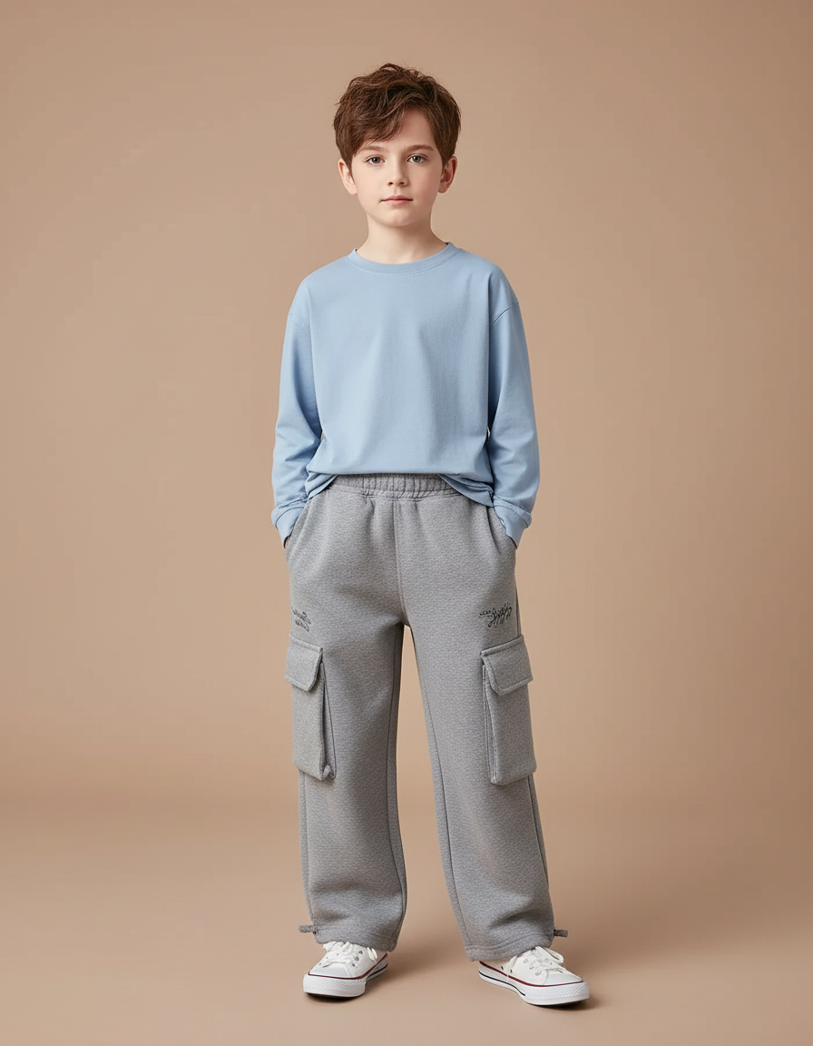 Pantalon Gris Cargo Ample Molletonné Décontracté Garçon