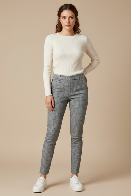 Pantalon Gris À Carreaux Slim Élégant Femme - Laine