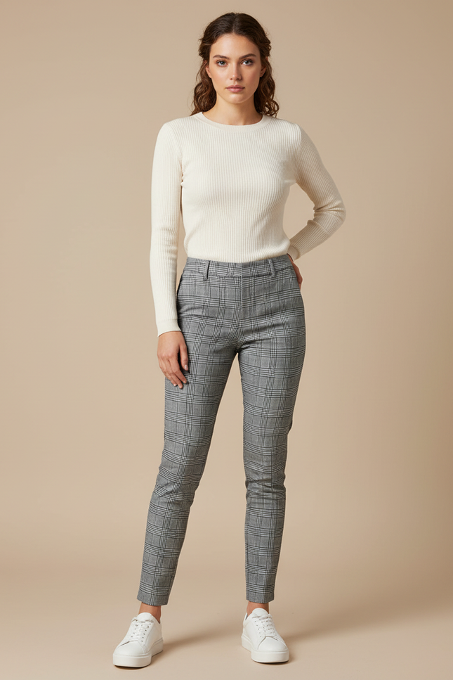 Pantalon Gris À Carreaux Slim Élégant Femme - Laine