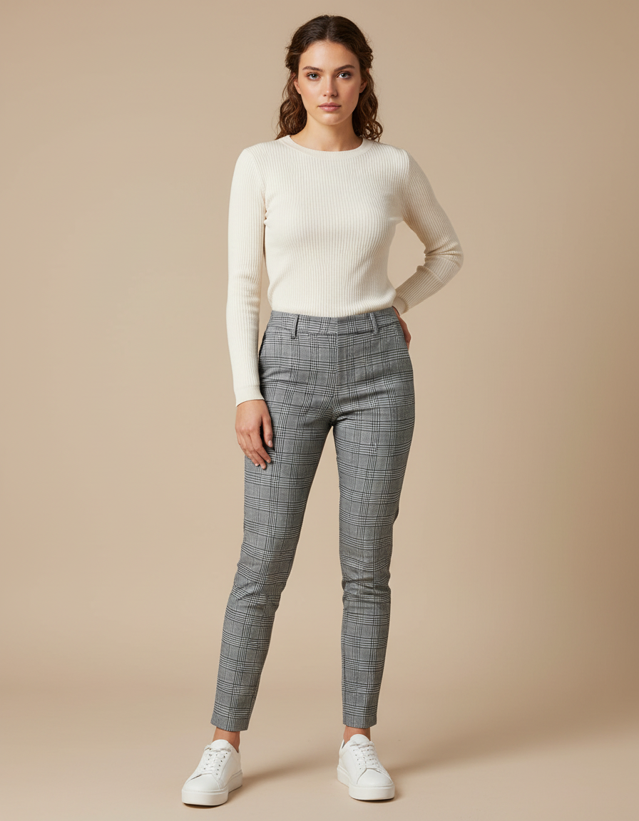 Pantalon Gris À Carreaux Slim Élégant Femme - Laine