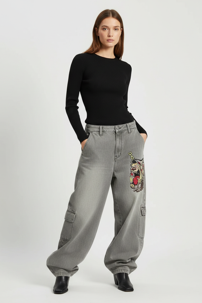 Pantalon Gris Cargo Ample Décontracté Brodé Femme - Jean