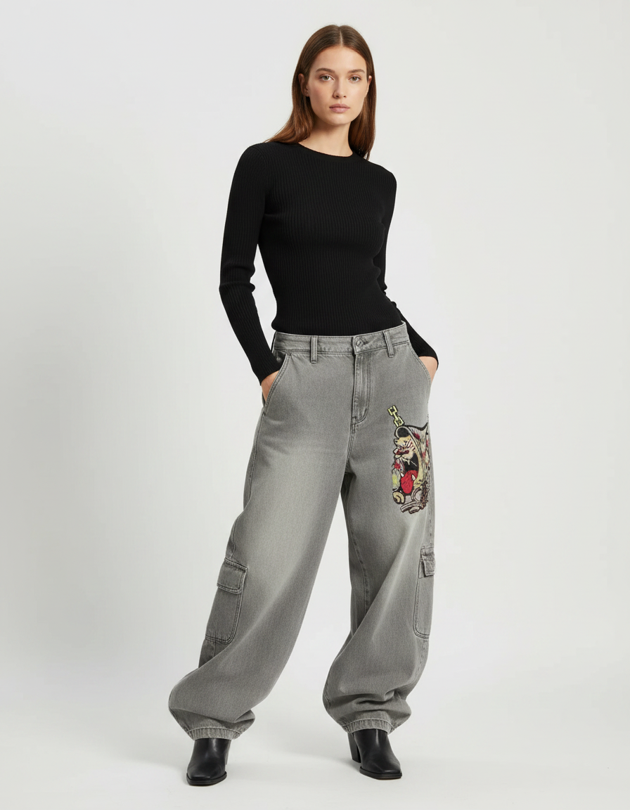 Pantalon Gris Cargo Ample Décontracté Brodé Femme - Jean