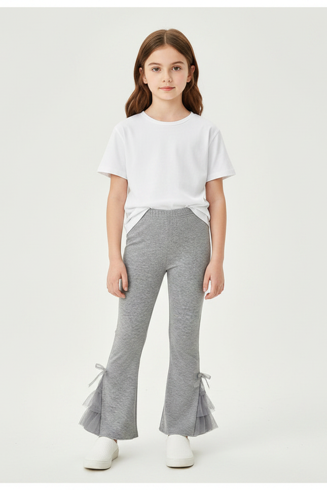 Pantalon Gris Fille Évasé Tulle Nœuds Mignon - Maille